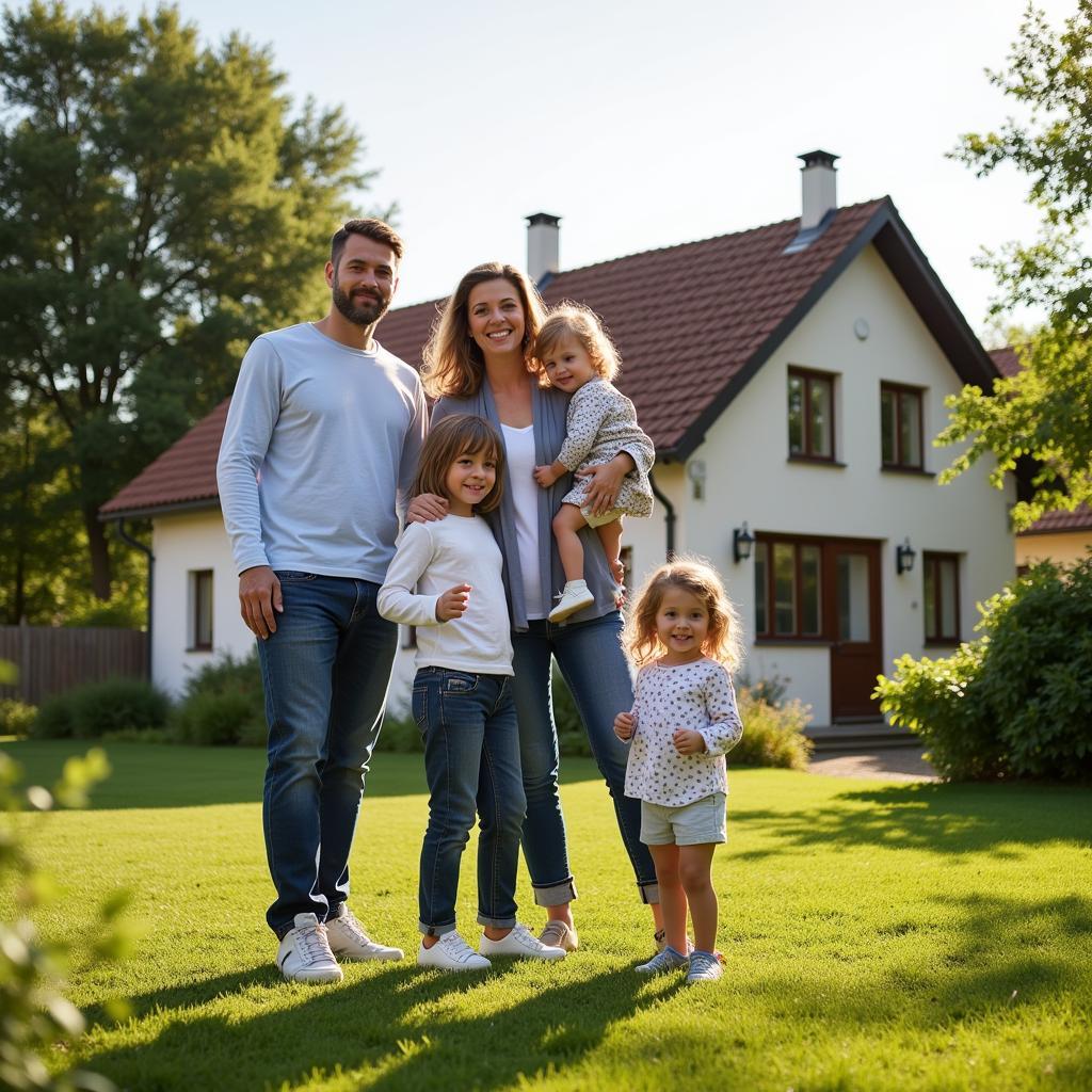 Familie vor ihrem Bauernhaus in Leverkusen