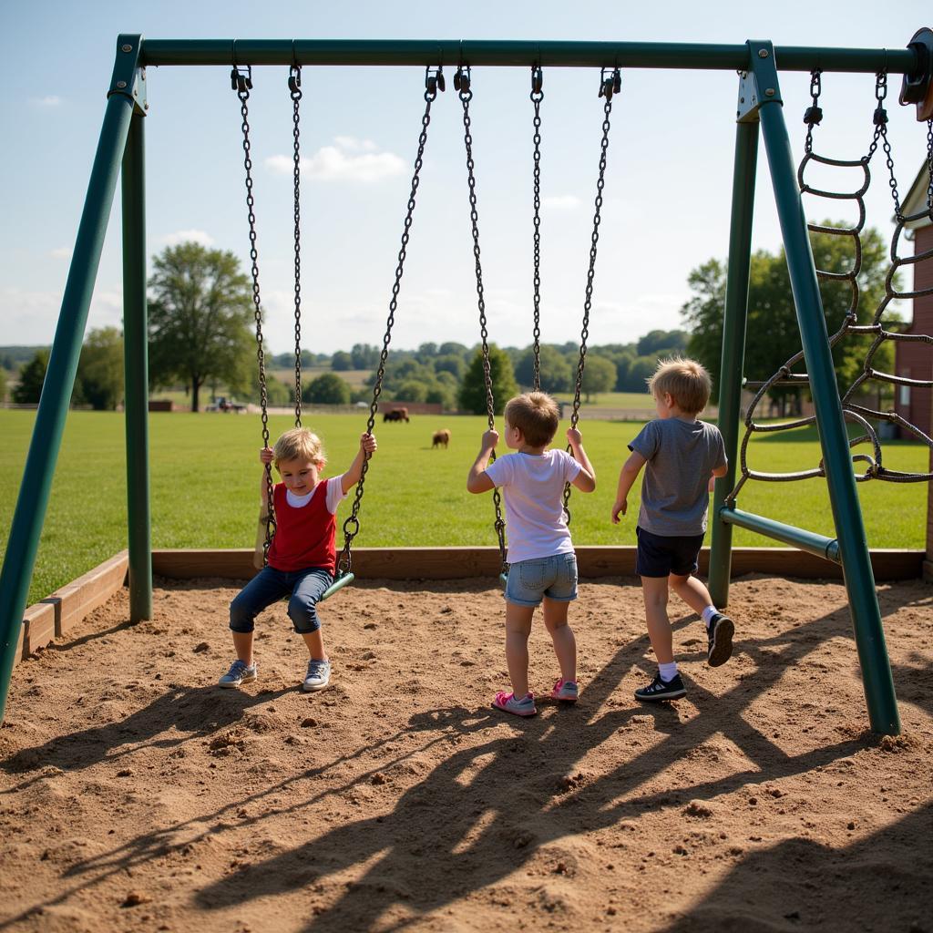 Kinder spielen auf dem Spielplatz des Bauernhofs