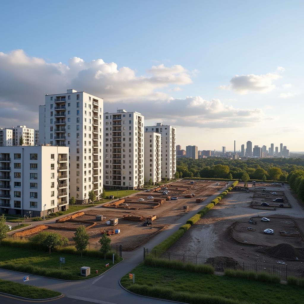 Moderne Wohnhäuser in einer Baulücke Leverkusens mit Blick auf die Skyline der Stadt.