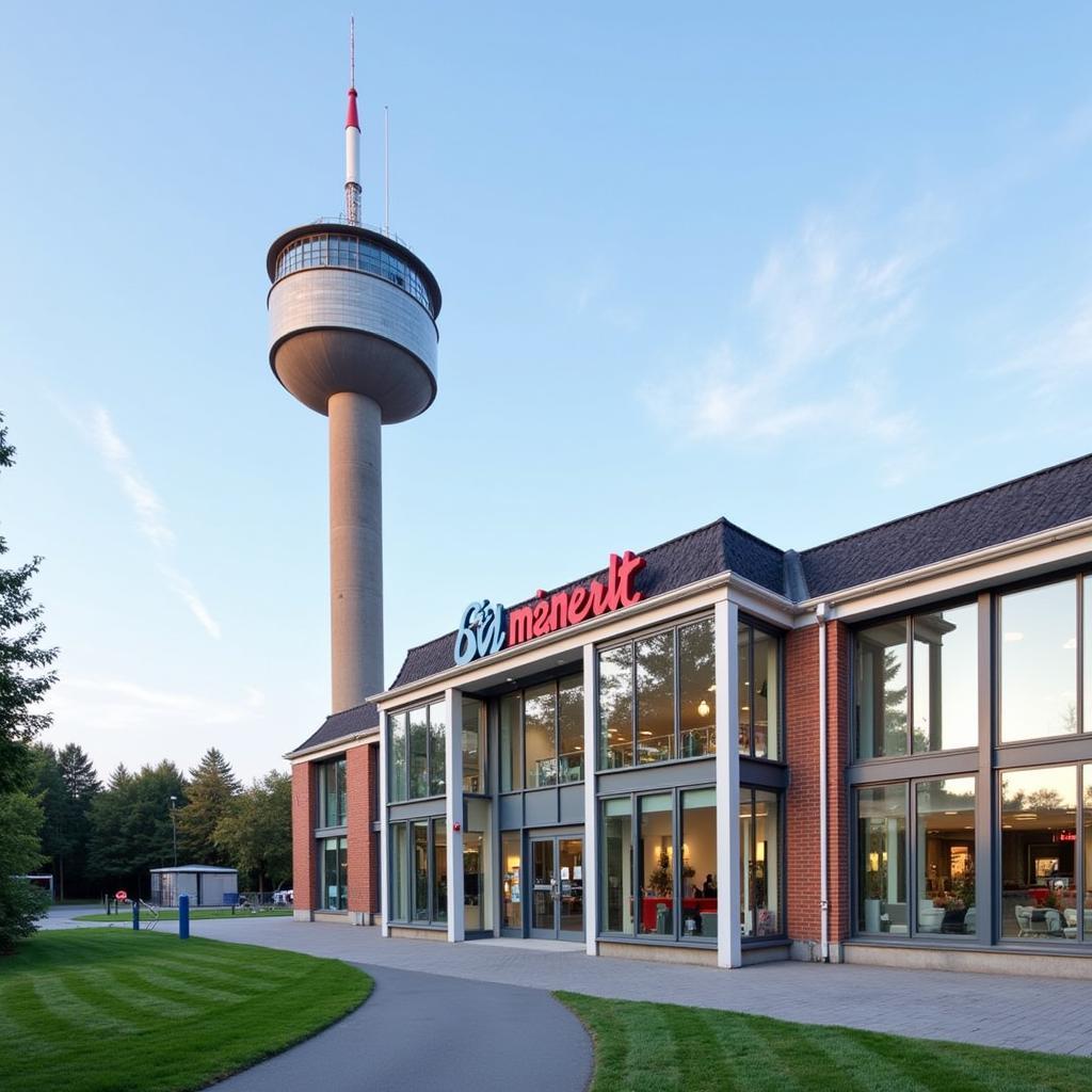 Der Baumarkt Leverkusen Wasserturm mit dem bekannten Wasserturm im Hintergrund