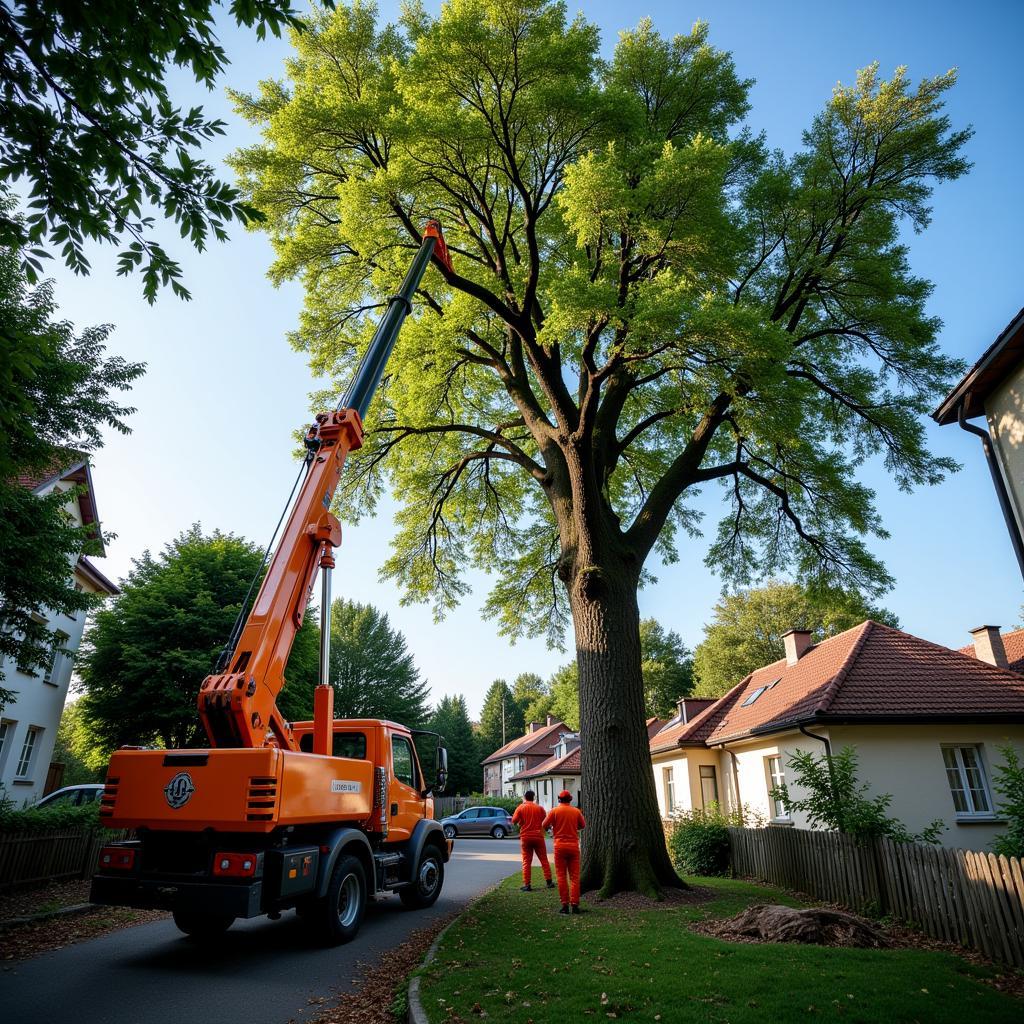 Einsatz eines Krans bei der Baumfällung