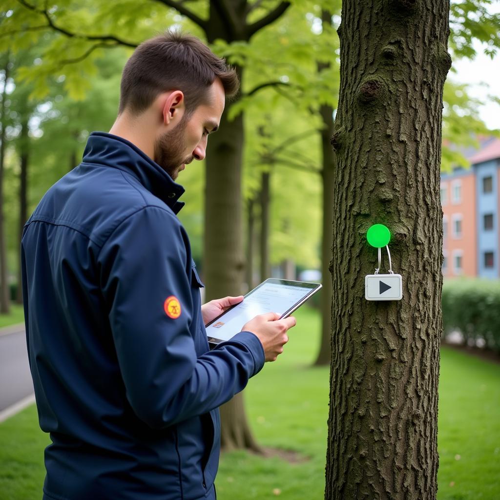 Mitarbeiter der Stadt Leverkusen beim Eintragen eines Baumes in das Baumkataster