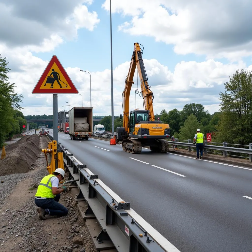 A1 Rheinbrücke Leverkusen: Baustelle mit Arbeitern und schwerem Gerät.