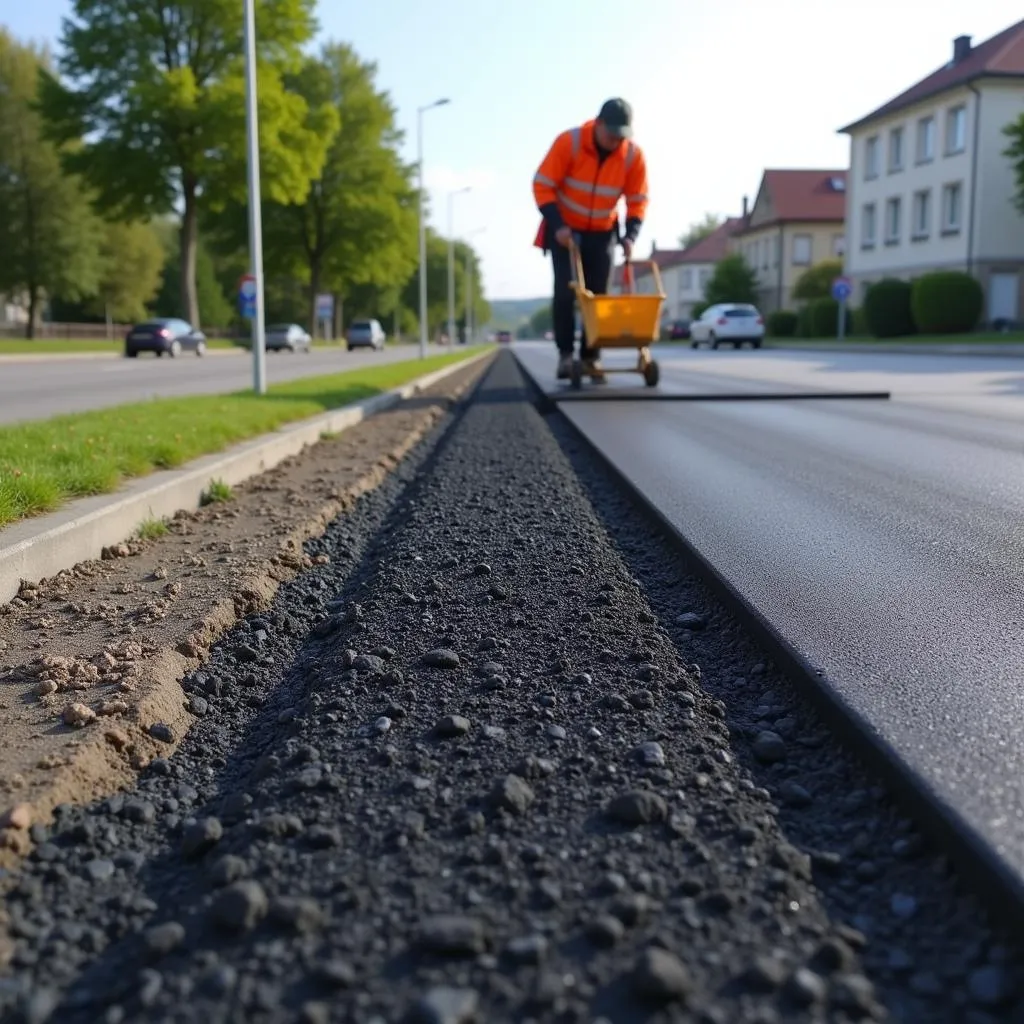 Asphaltierung der neuen Fahrbahn auf der Burscheider Straße.