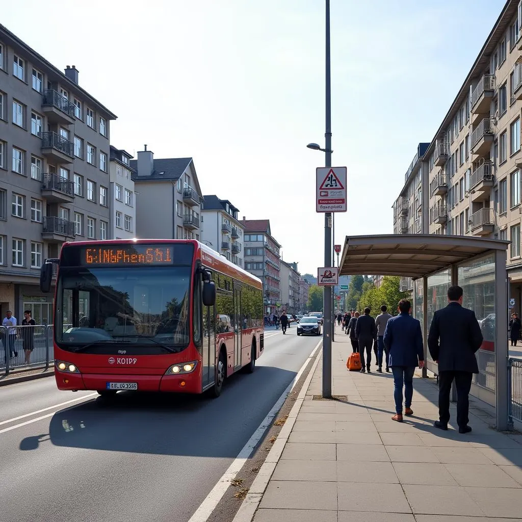 Bus fährt an einer Baustelle auf der Odenthaler Straße in Leverkusen vorbei