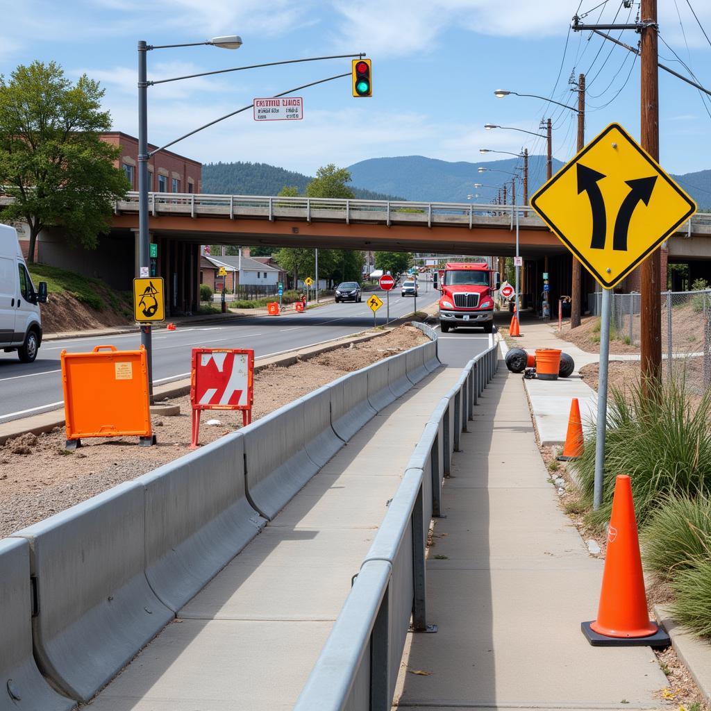 Umleitung und Verkehrszeichen an der Baustelle Rathenaustraße in Leverkusen