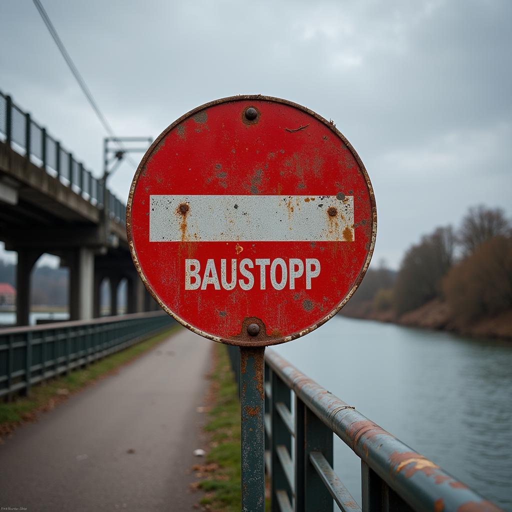 Schild mit der Aufschrift "Baustopp" vor der Rheinbrücke Leverkusen