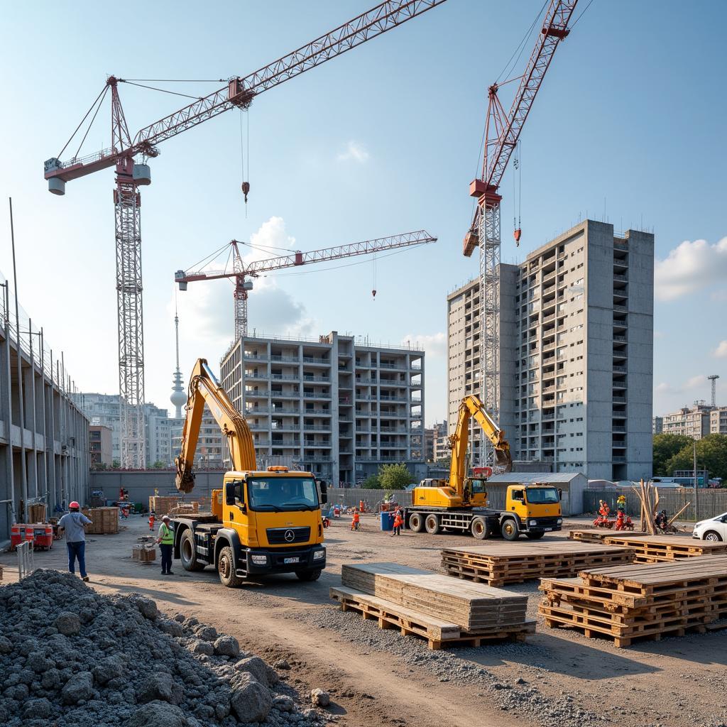 Baustelle mit Bauarbeitern und Kran