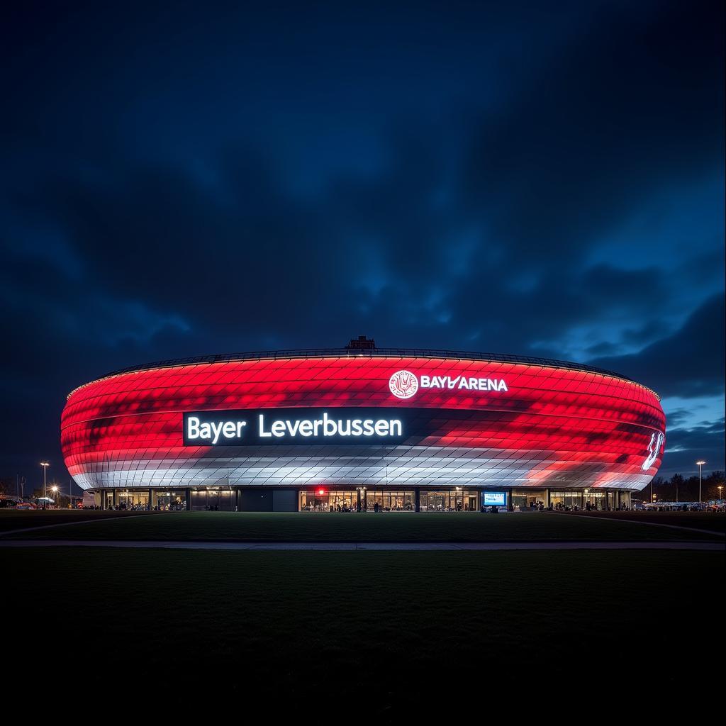 Die BayArena, das Heimstadion von Bayer Leverkusen, erstrahlt bei Nacht in voller Pracht