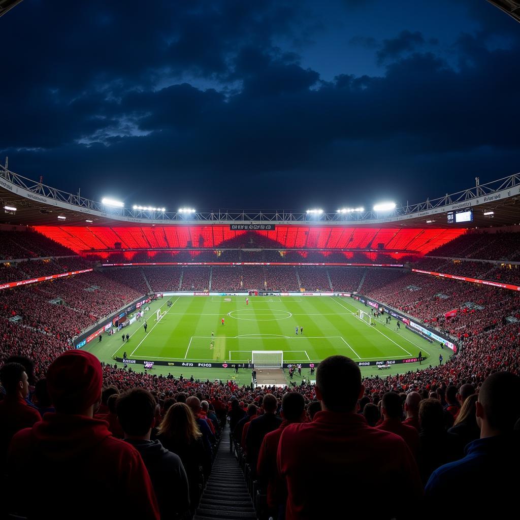 Die BayArena erstrahlt im Flutlicht an der August-Macke-Str. 1 in Leverkusen