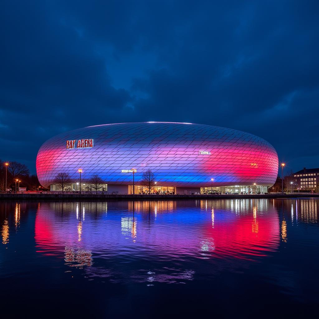 Atemberaubende Aussenansicht der BayArena bei Nacht