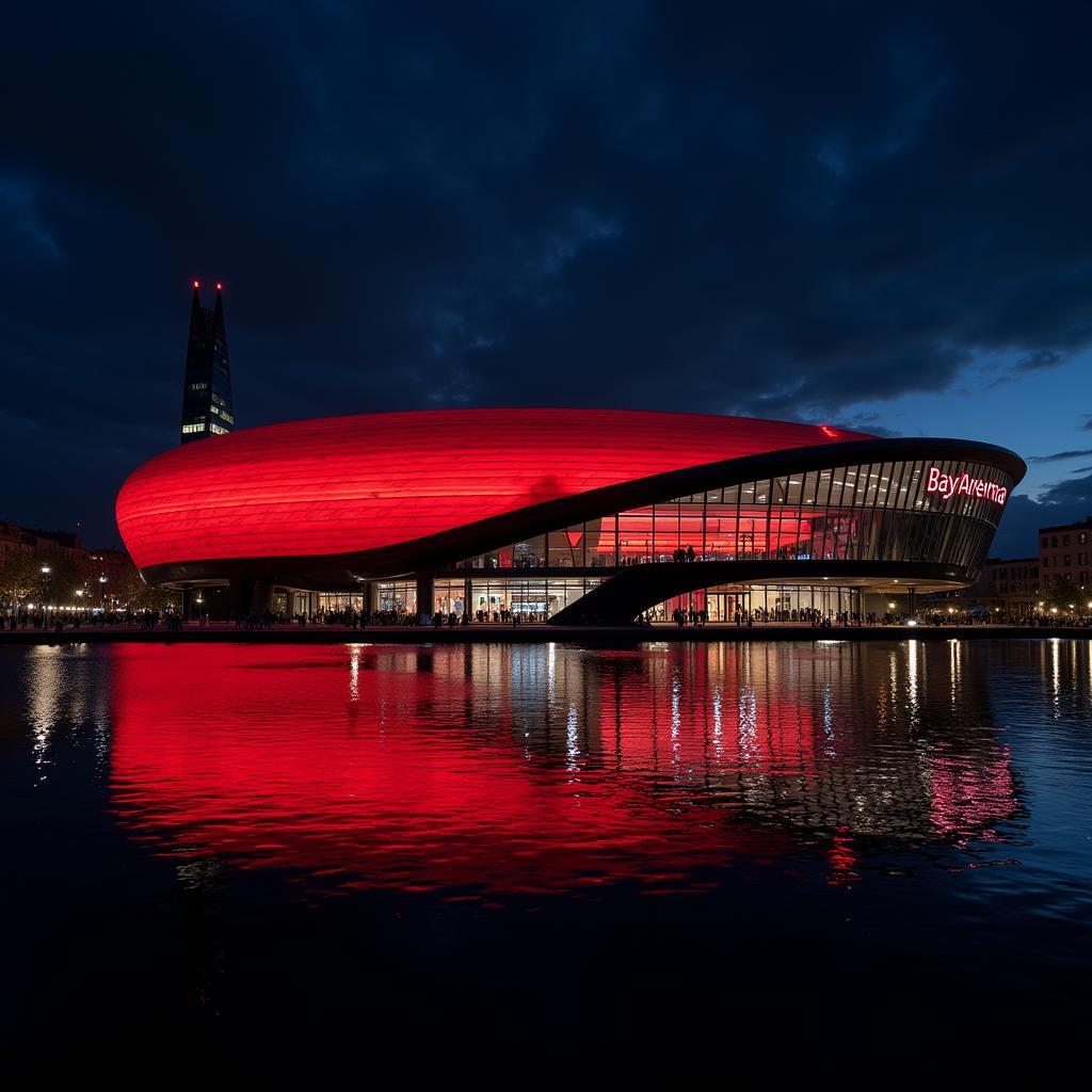 Die BayArena erstrahlt in den Vereinsfarben Schwarz und Rot bei Nacht