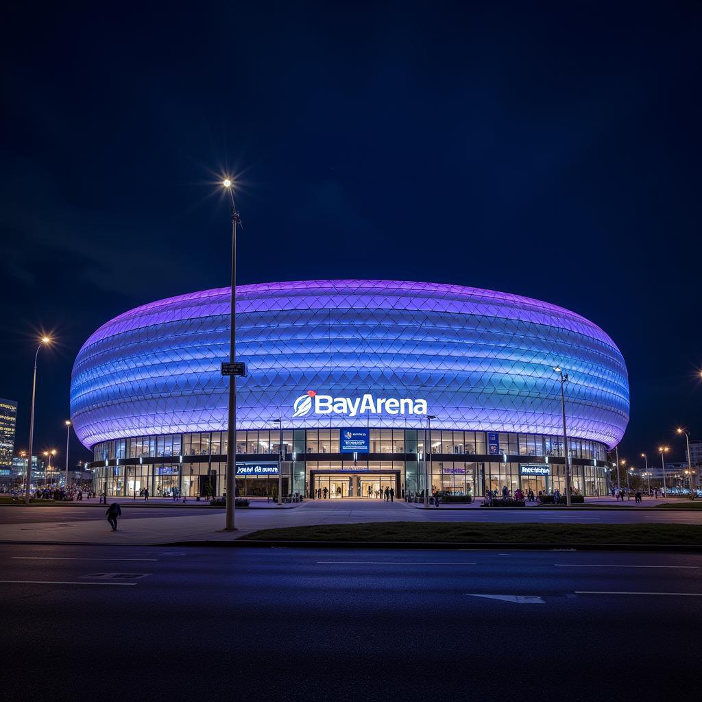 Die BayArena bei Nacht in Leverkusen