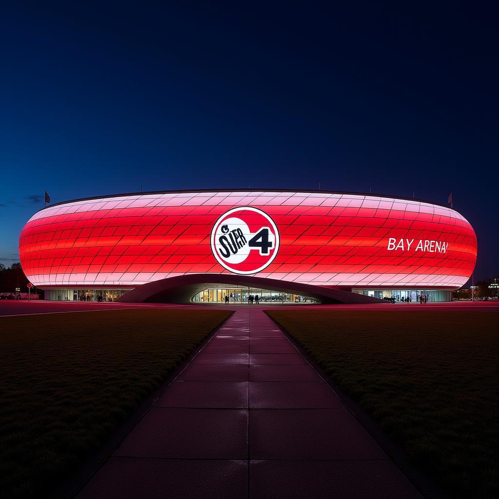 Die BayArena erstrahlt bei Nacht in den Farben von Bayer 04 Leverkusen