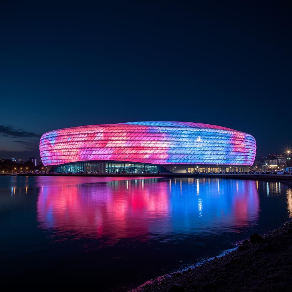 Die BayArena bei Nacht in Leverkusen