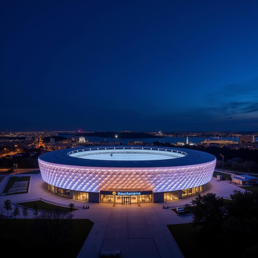 Die BayArena erstrahlt bei Nacht in Leverkusen