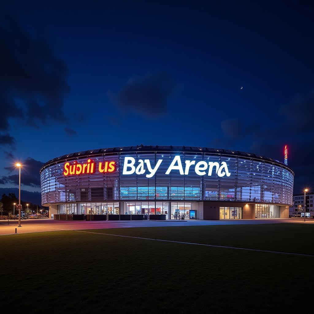 Die BayArena erstrahlt bei Nacht in Leverkusen