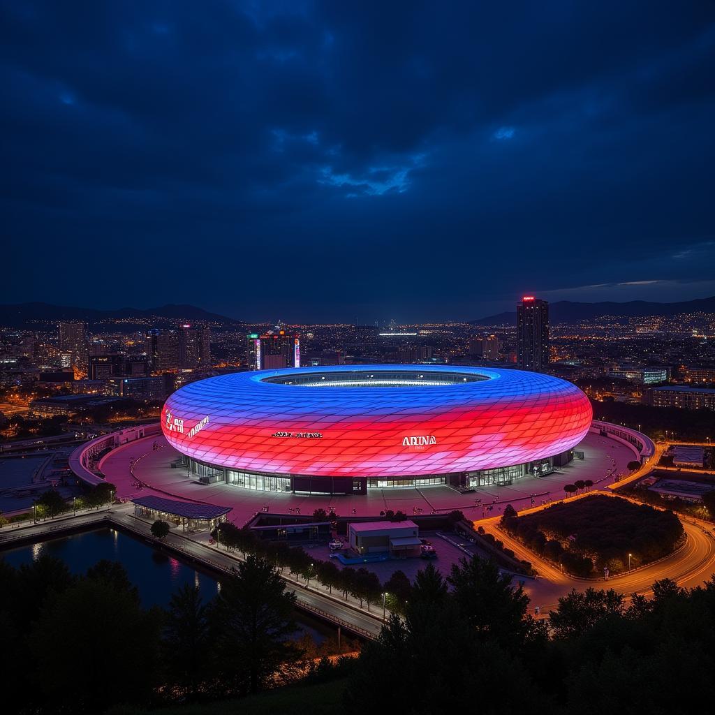 Die BayArena bei Nacht in Leverkusen