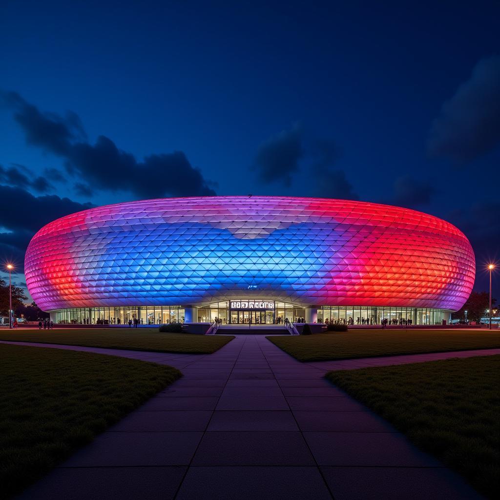 Die BayArena erstrahlt bei Nacht in Leverkusen