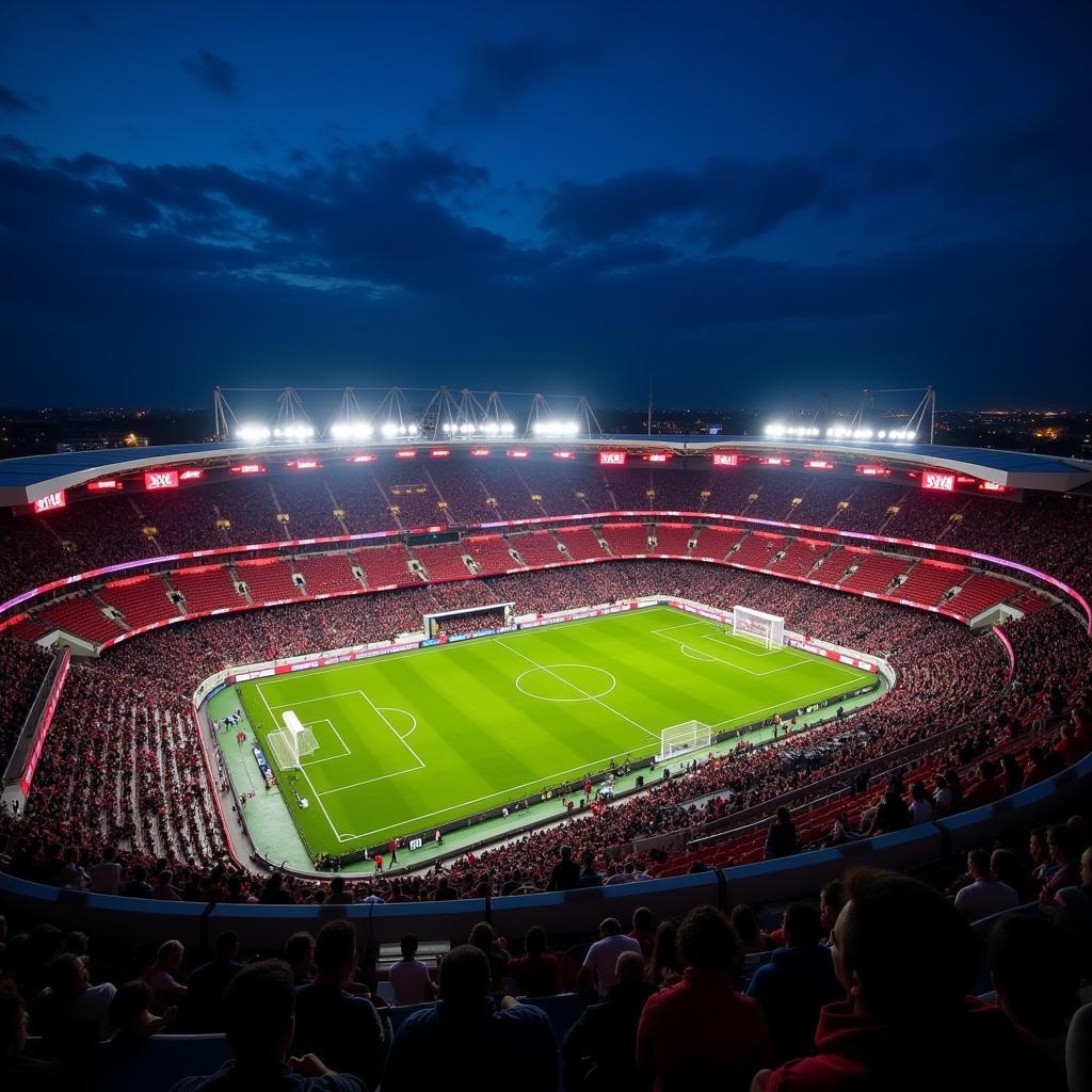 Außenansicht der BayArena in Leverkusen bei Nacht mit Flutlicht