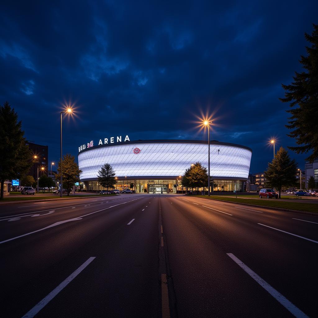 Die BayArena erstrahlt im Flutlicht an der Quettinger Straße in Leverkusen