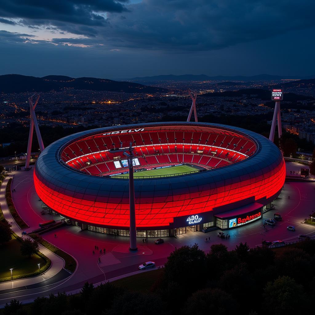 Die BayArena erstrahlt in den Vereinsfarben Schwarz und Rot bei Nacht