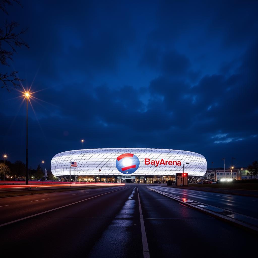 Beleuchtete BayArena bei Nacht