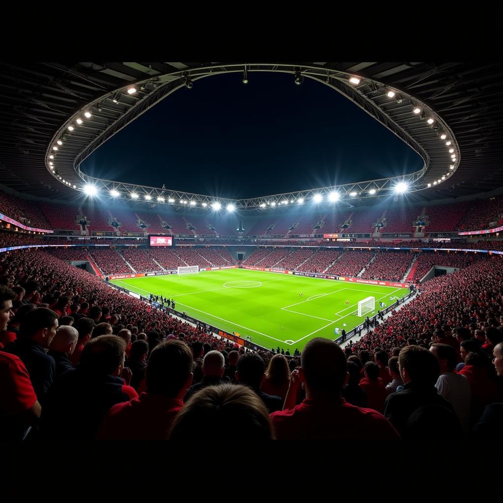 Die BayArena erstrahlt in den Vereinsfarben Schwarz und Rot bei Nacht.