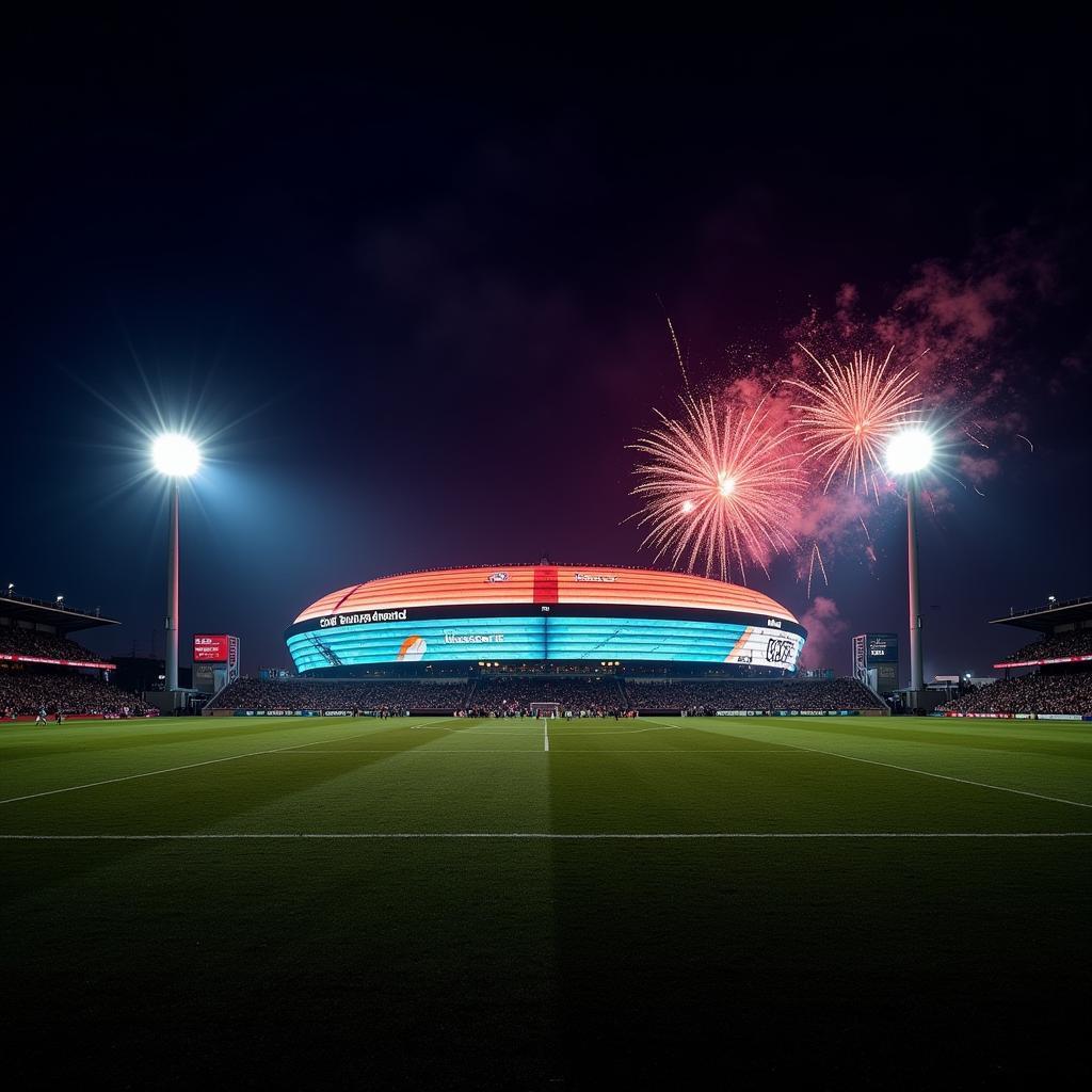 Die BayArena bei Nacht mit Flutlicht und Feuerwerk