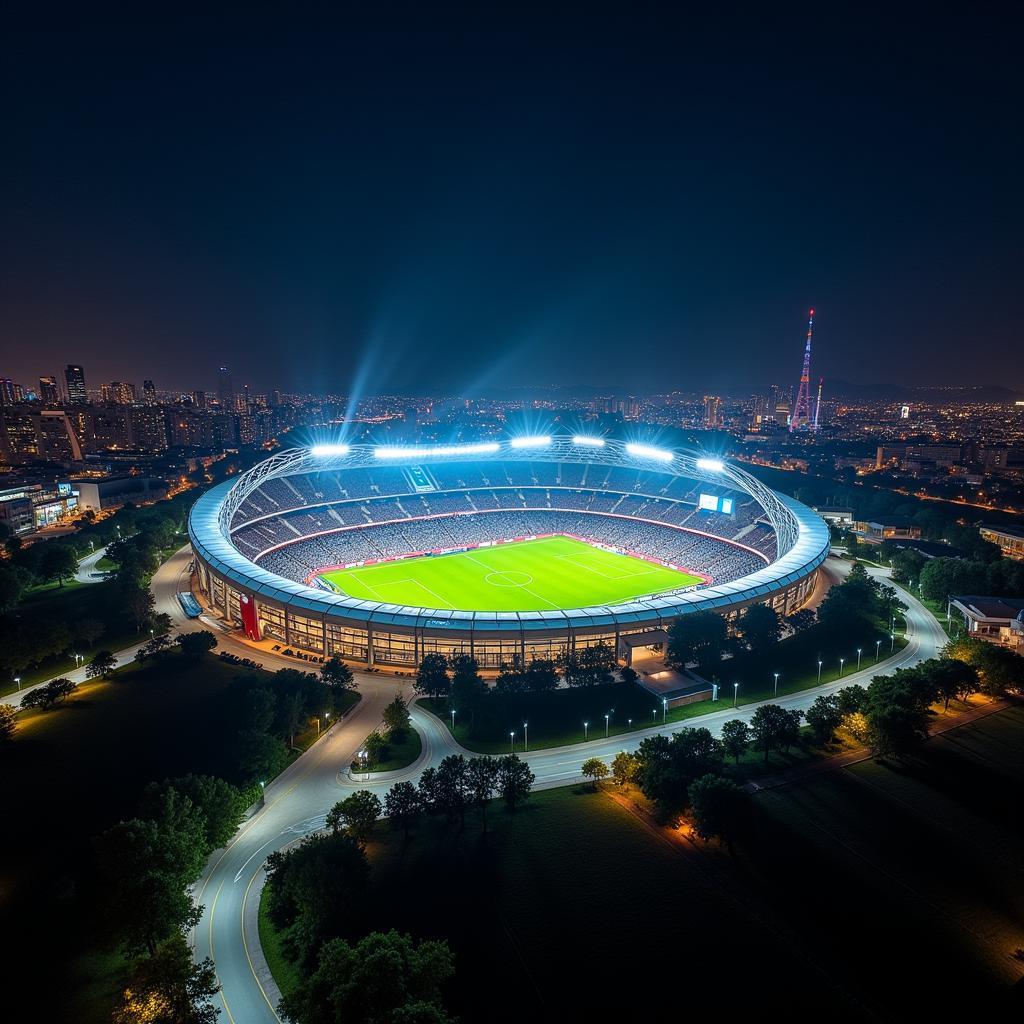 Die BayArena bei Nacht in Leverkusen