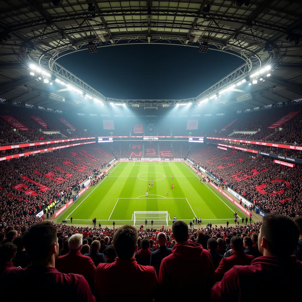 Spektakuläre Atmosphäre in der BayArena bei einem Europapoklaspiel.