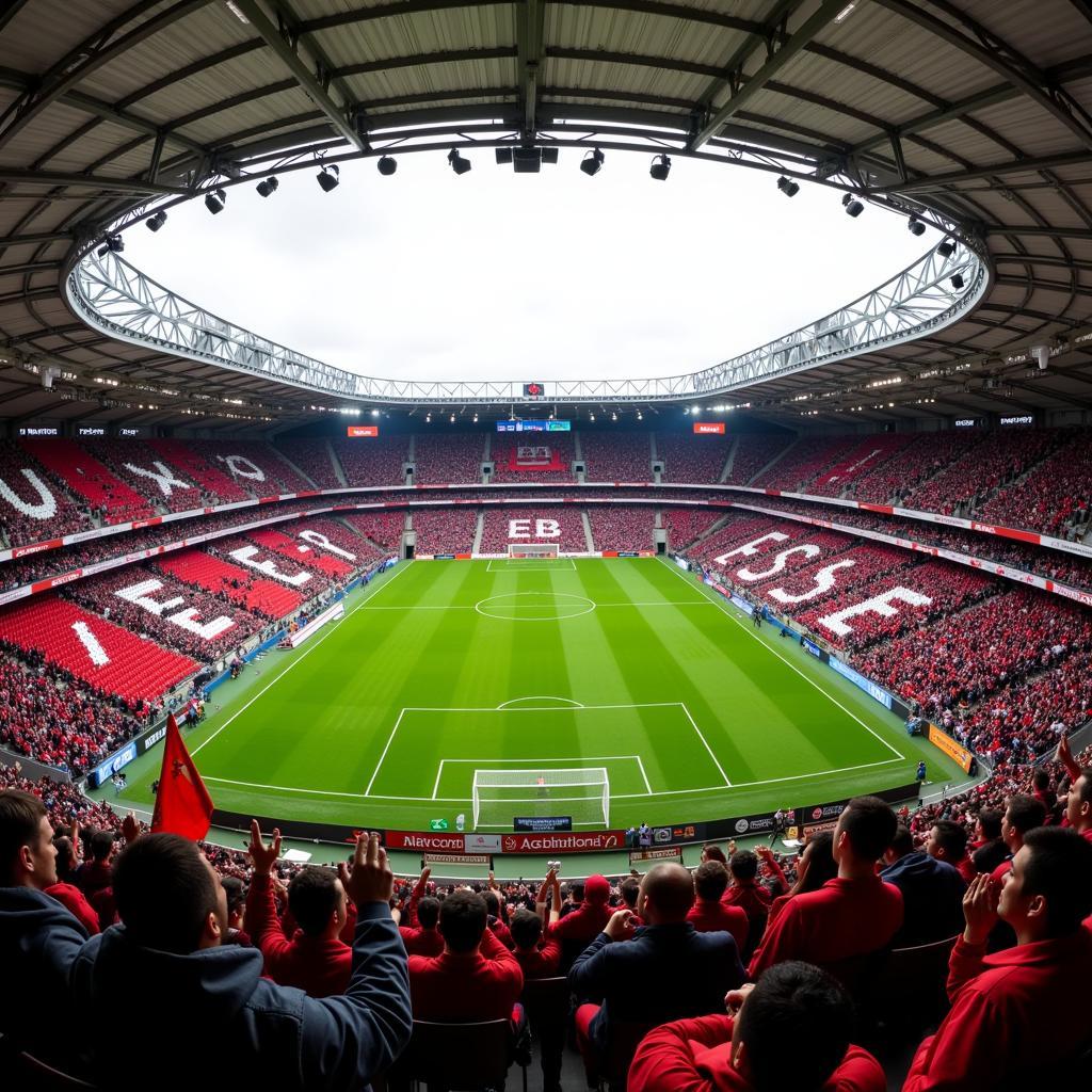 Innenansicht der BayArena an einem Spieltag