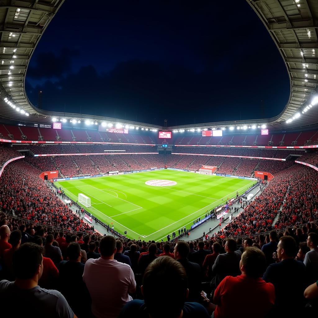 Die BayArena, Heimstadion von Bayer Leverkusen, bei Nacht.