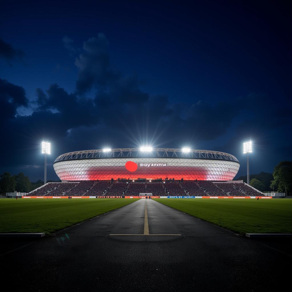 Die BayArena erstrahlt im Flutlicht am Büchelter Hof in Leverkusen