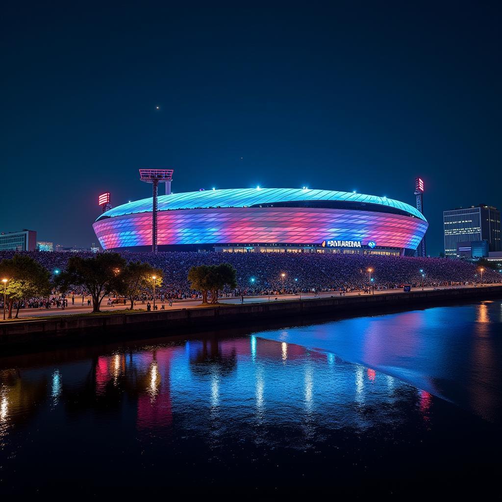 Die imposante BayArena, Heimat von Bayer 04 Leverkusen, erstrahlt am Abend.