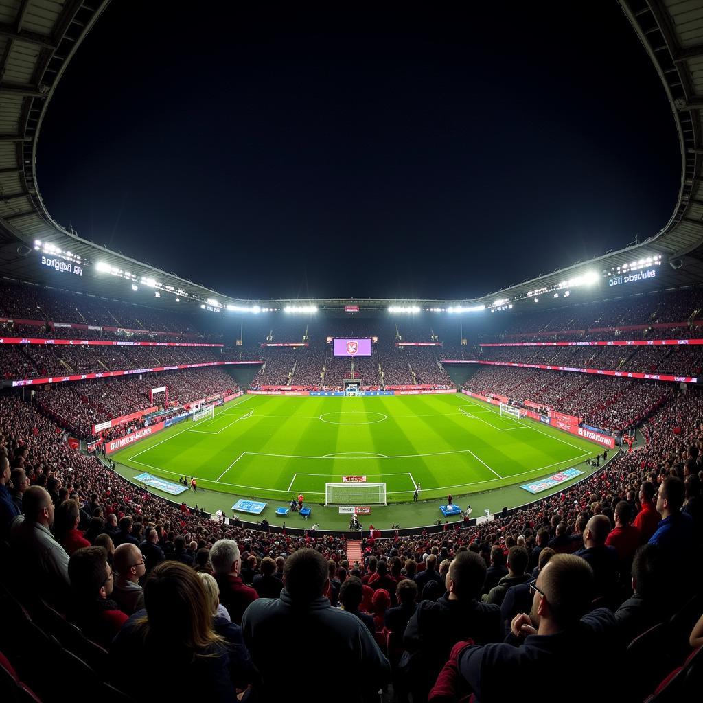 Die BayArena erstrahlt im Flutlicht vor einem wichtigen Heimspiel von Bayer 04 Leverkusen.