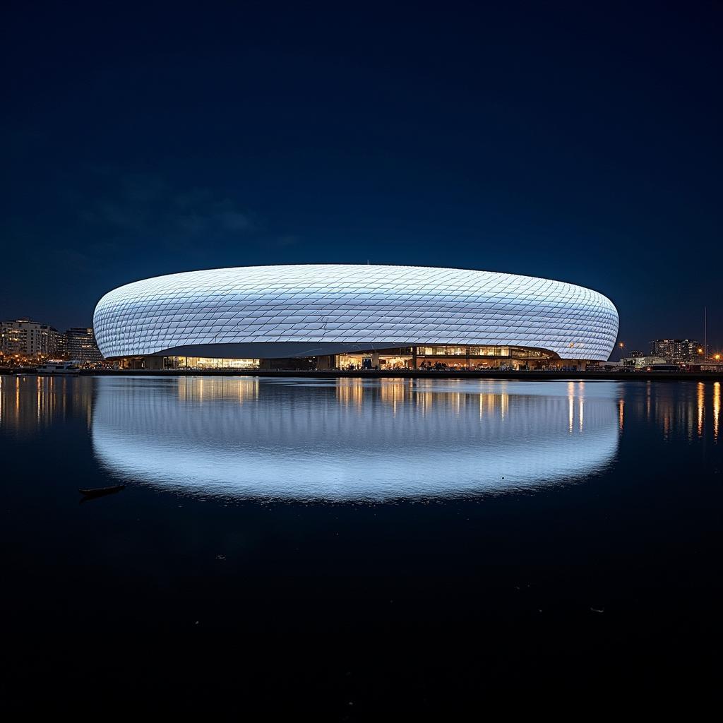 Außenansicht der BayArena bei Nacht