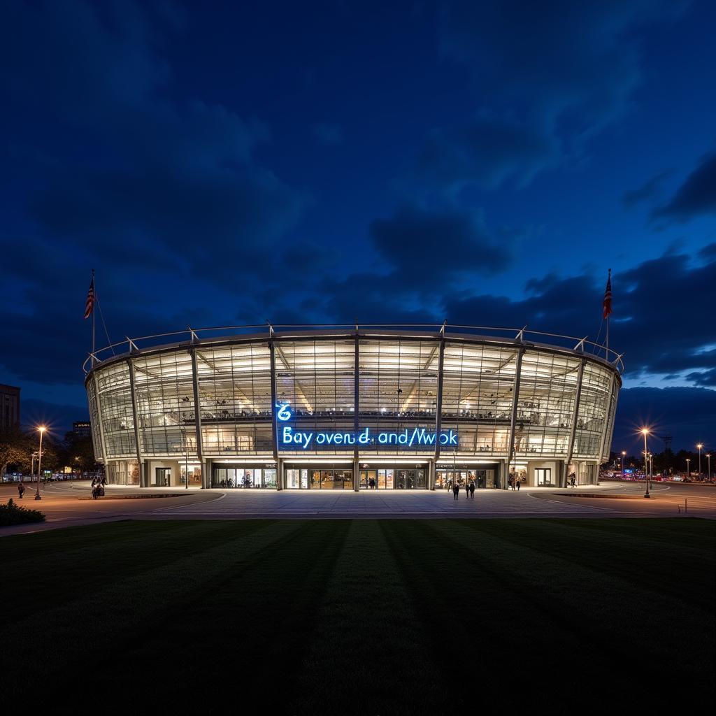 Außenansicht der BayArena bei Nacht