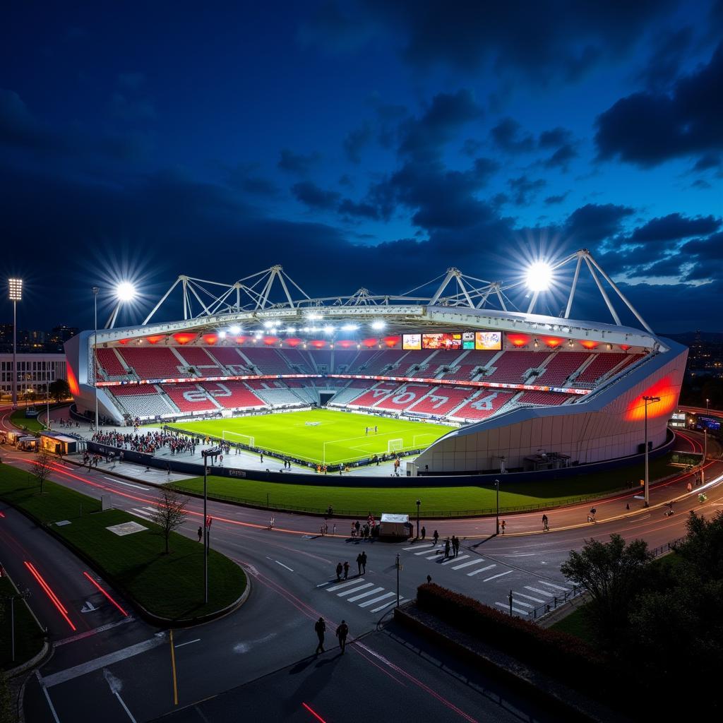 Die BayArena erstrahlt im Flutlicht bei Nacht