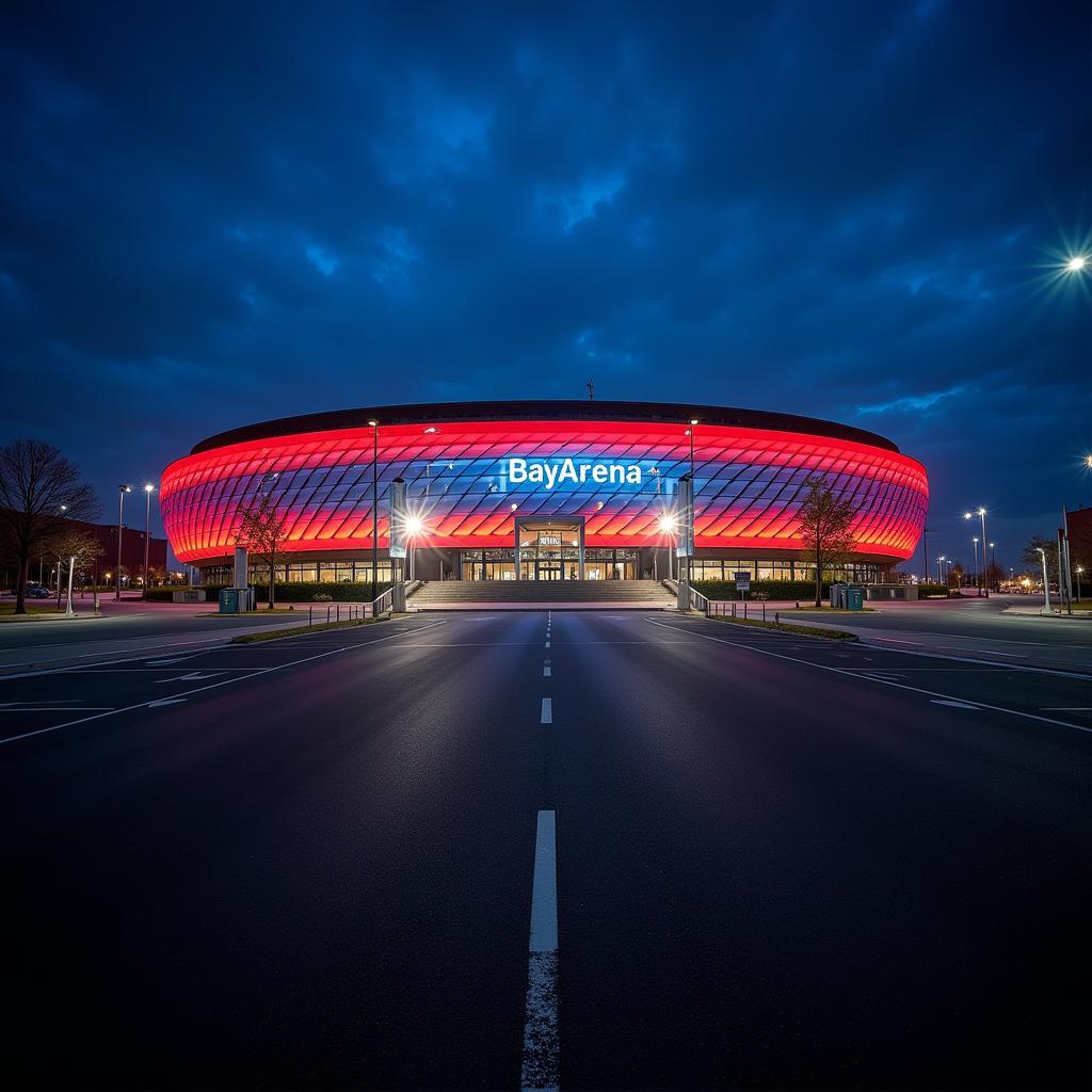 Die BayArena bei Nacht in Leverkusen