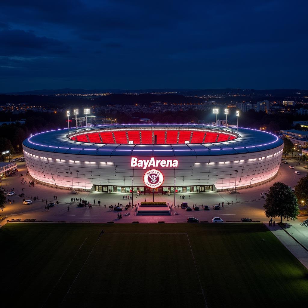 Die BayArena, Heimat des Bayer 04 Leverkusen, erstrahlt bei Nacht