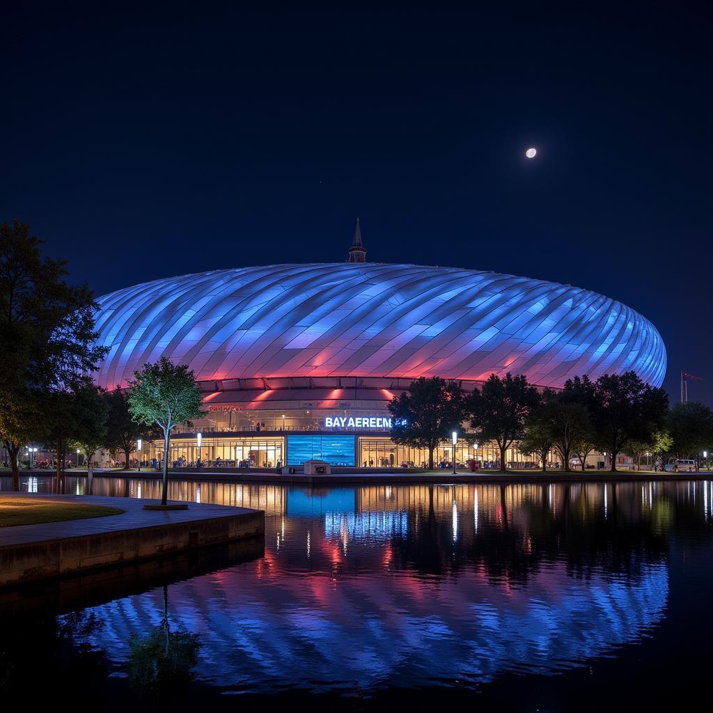 BayArena Leverkusen bei Nacht: Außenansicht des beleuchteten Stadions