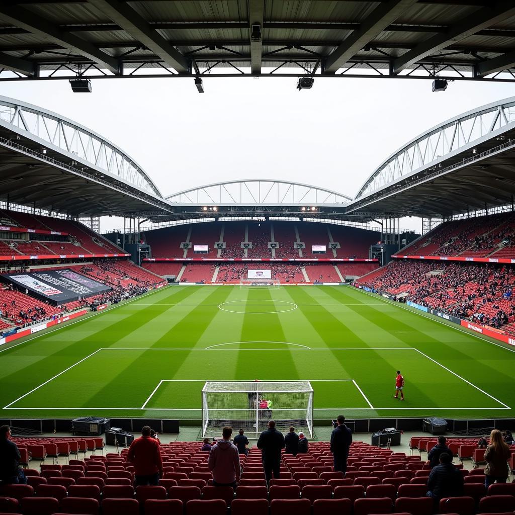 Die BayArena in Leverkusen mit Backendampder Bereich