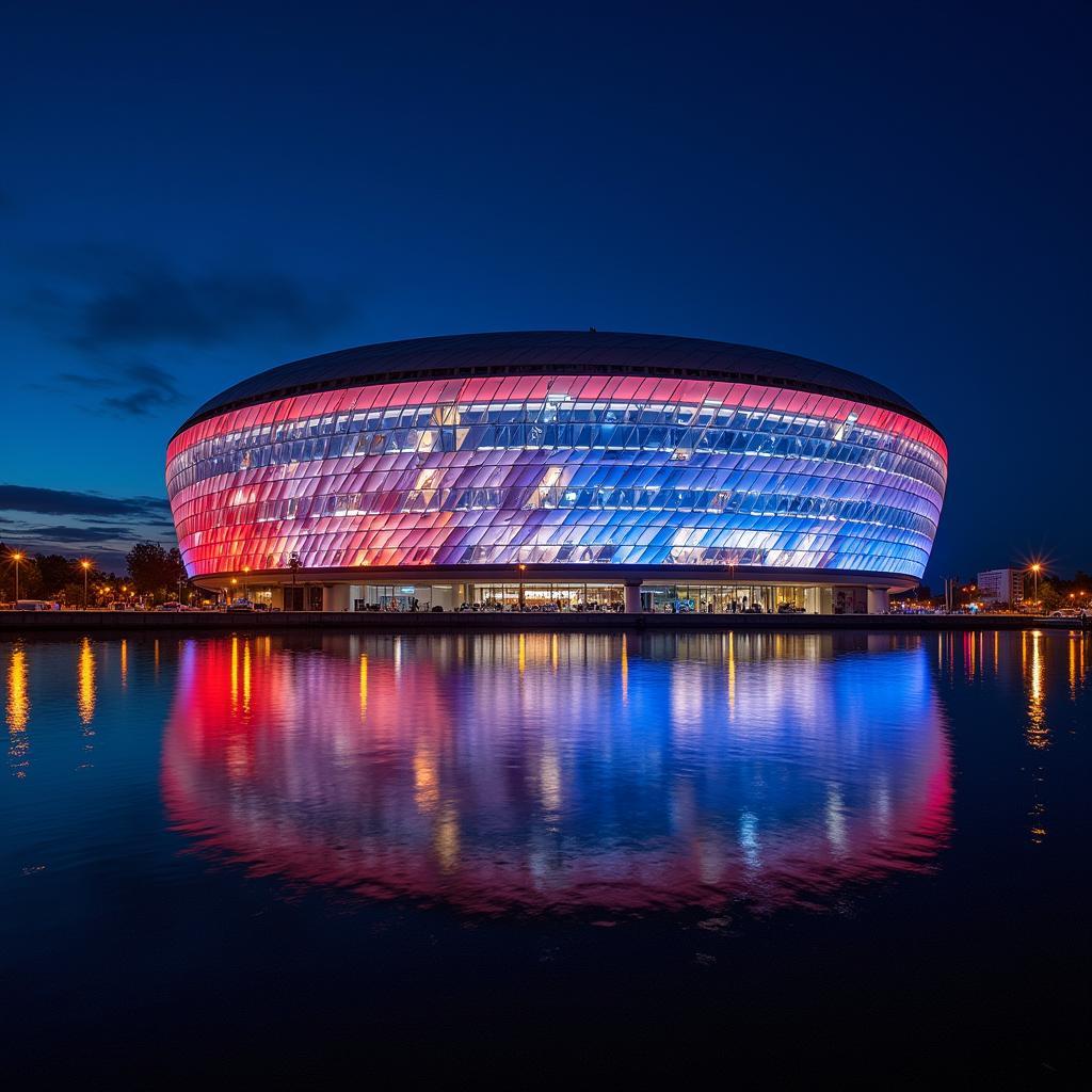 Die BayArena erstrahlt im Lichterglanz des Abends.