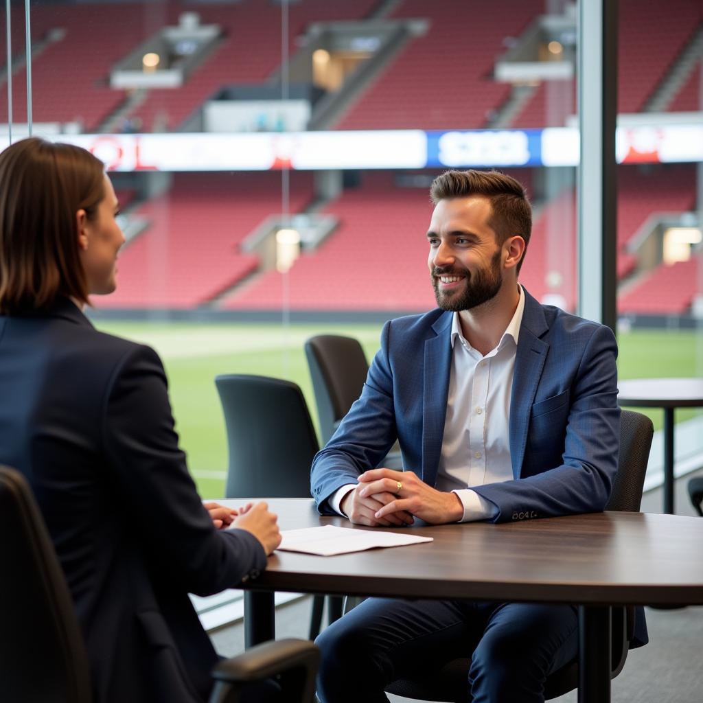 Bewerbungsgespräch in der BayArena