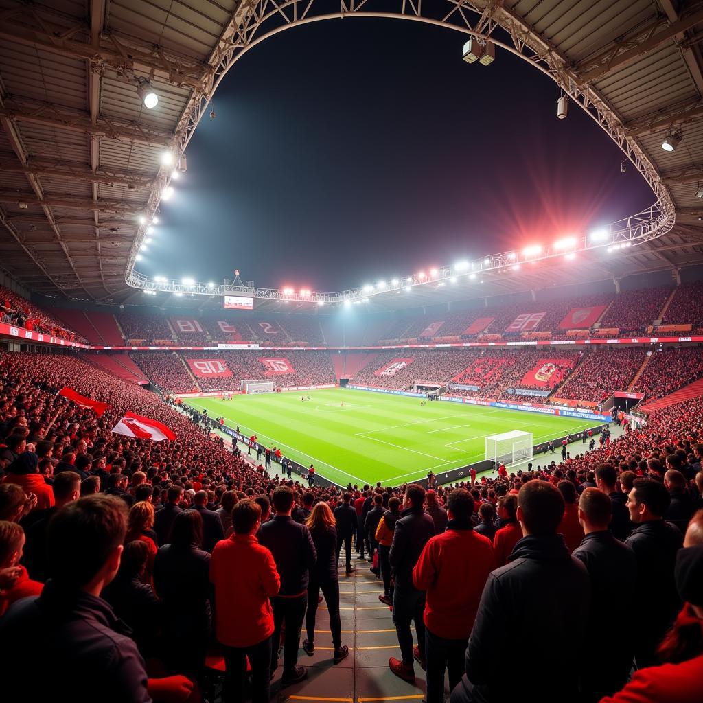 Spielatmosphäre im BayArena Leverkusen Block