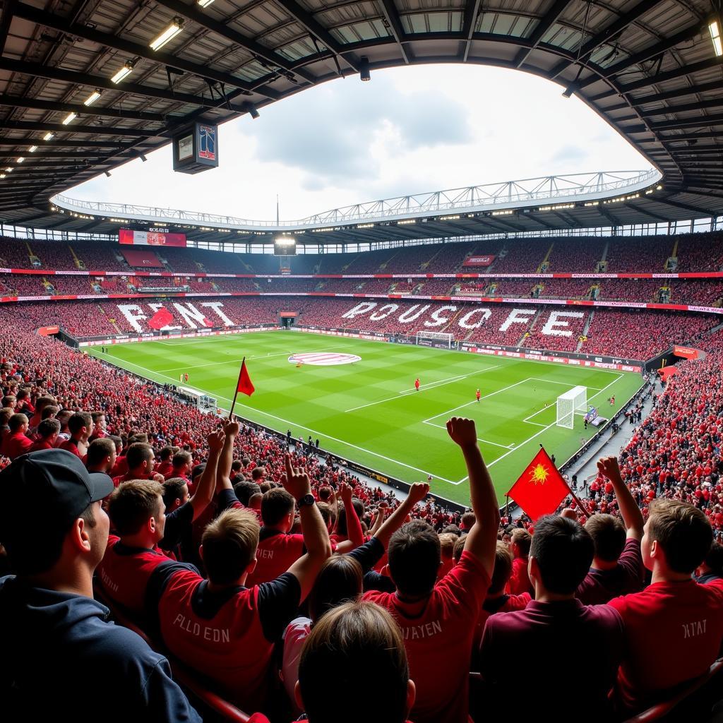 Die BayArena in Leverkusen mit jubelnden Fans