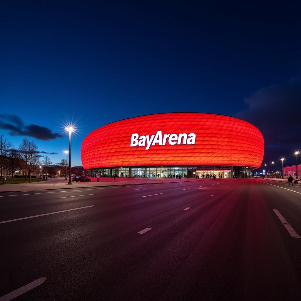 Die BayArena in Leverkusen erstrahlt bei Nacht in vollem Glanz