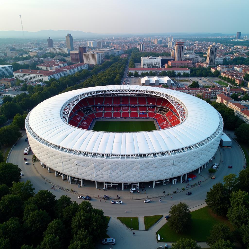 Die BayArena in Leverkusen aus der Vogelperspektive