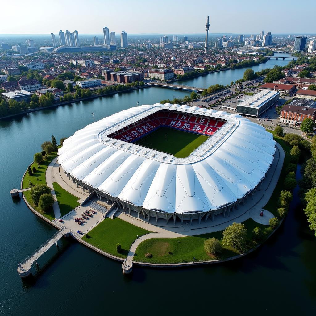 Die BayArena in Leverkusen aus der Vogelperspektive